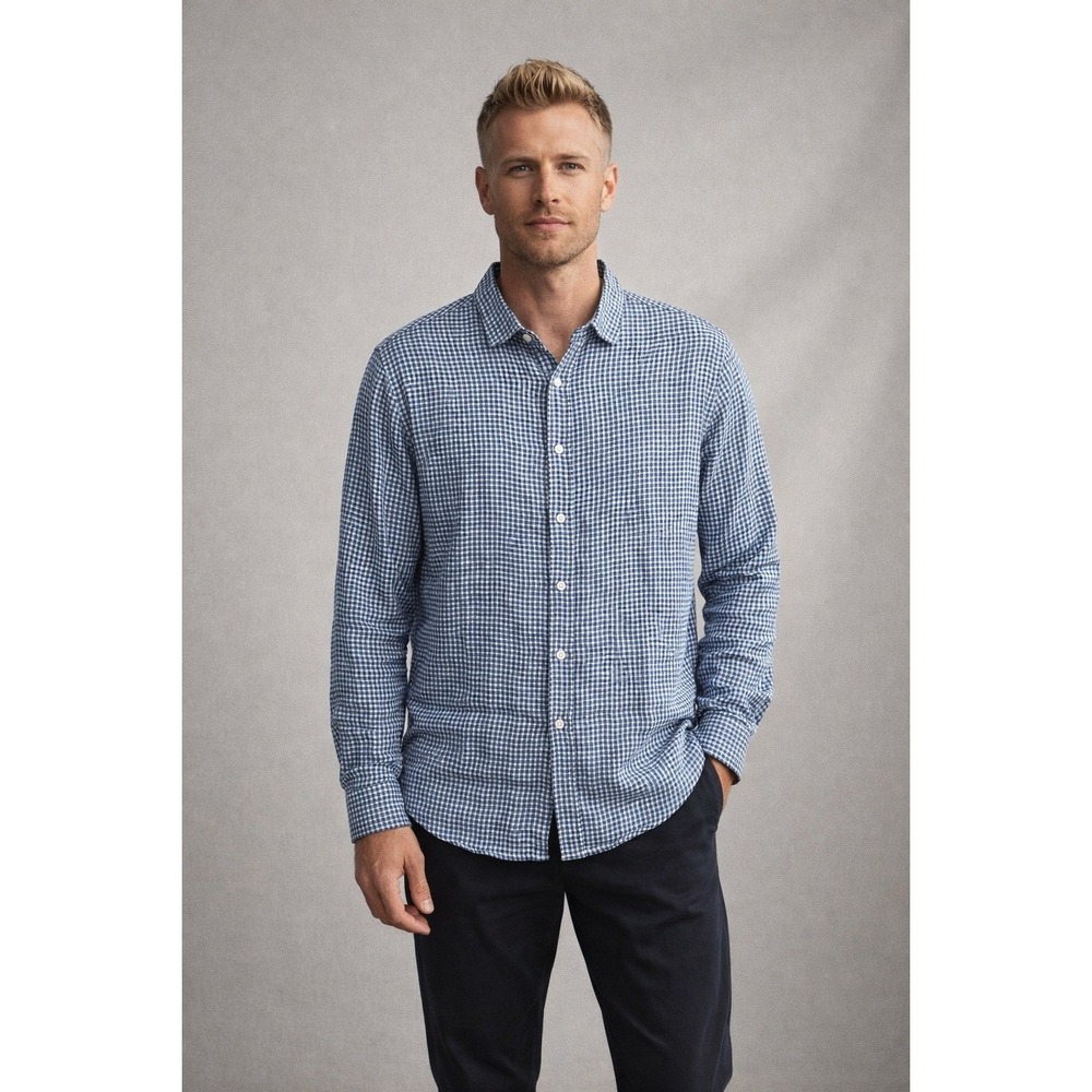 NWOT SWIMS Amalfi Gingham‎ Linen Shirt Blue Mens L Long Sleeve Button Up New